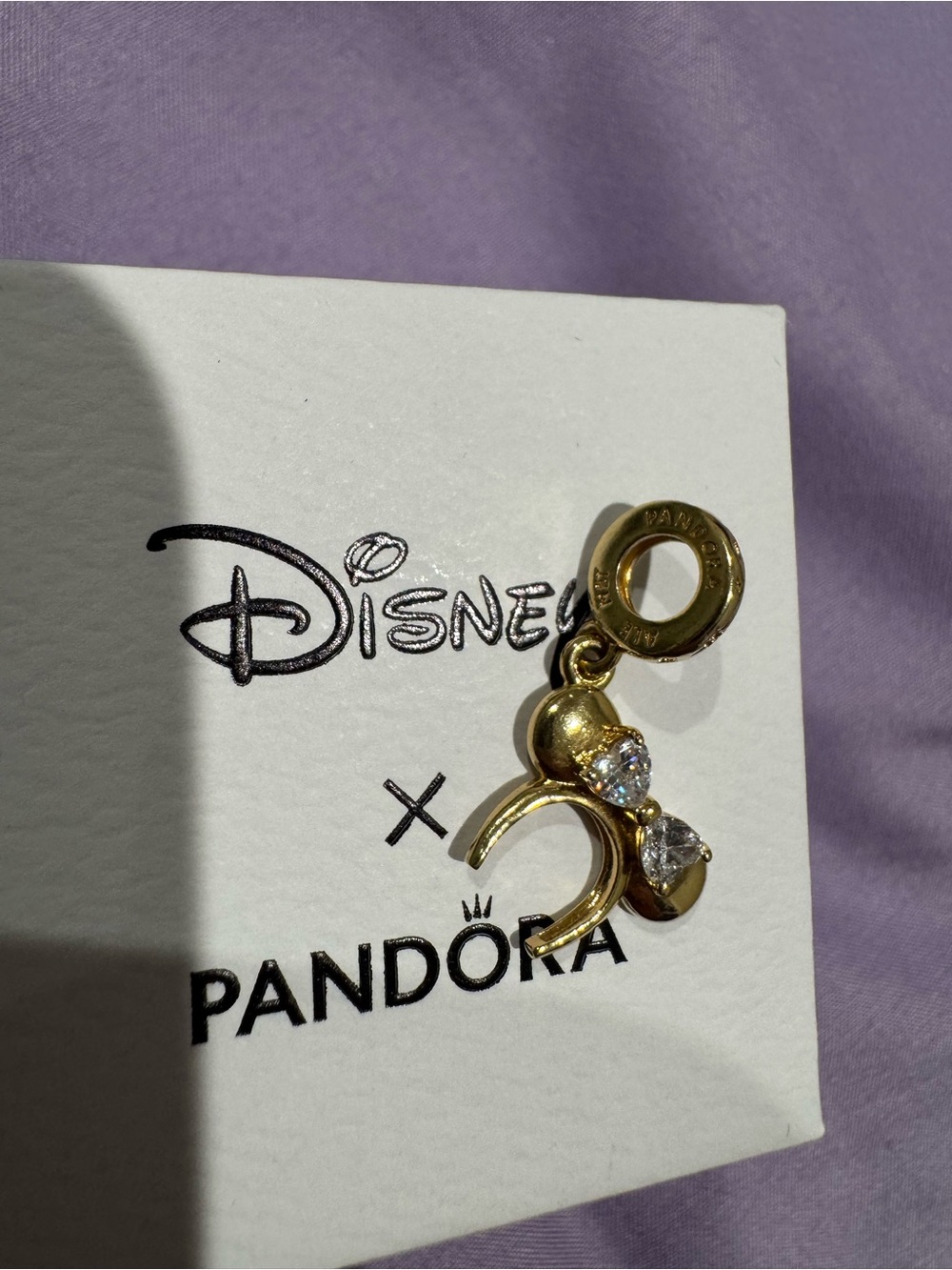 Disney Parks Exclusive Pandora Gold Bow Dangle Charm with Clear Crystals - Picture 3 of 3